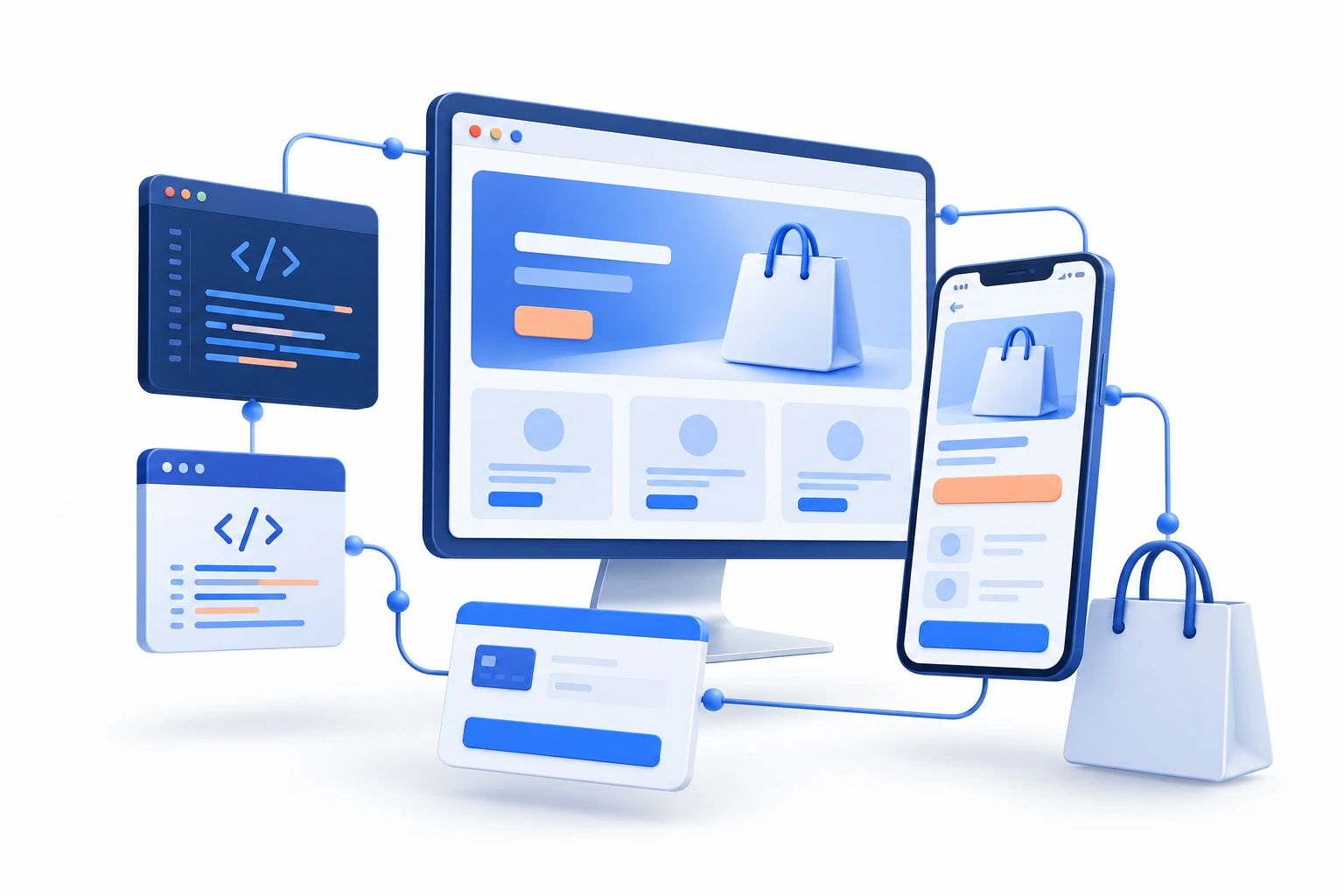 E-commerce development with desktop storefront, mobile screen and checkout